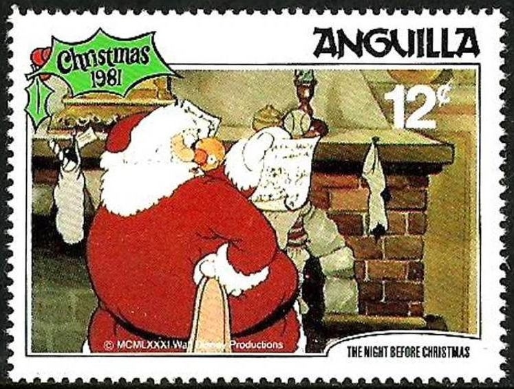 Anguilla 1981 Scott 459 Sello ** Walt Disney La noche de Navidad Papa Noel Leyendo Carta 12c 